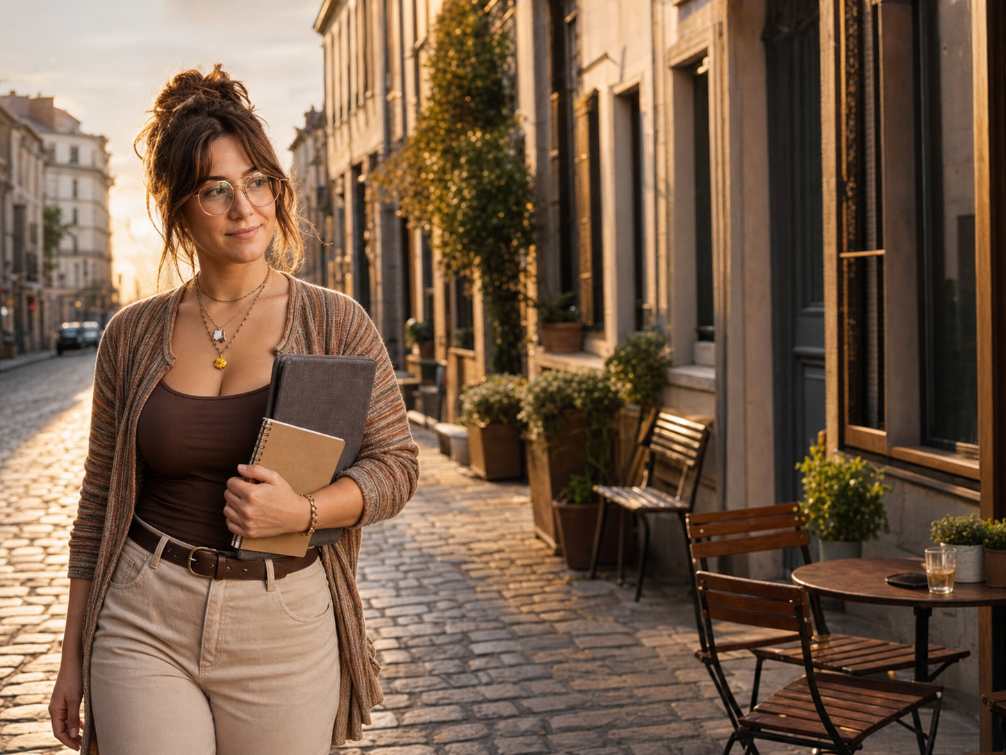 Independent language teacher carrying her laptop and notebook through a European street